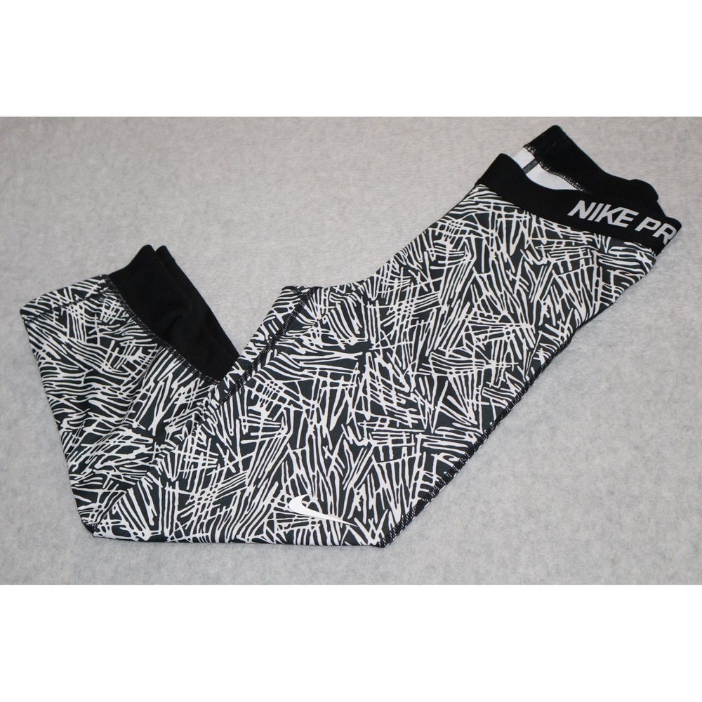 Nike Pro Leggings Women Medium Black White Scribble Print Capri Athletic Pants *